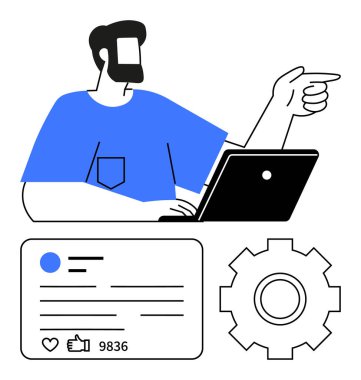 Dizüstü bilgisayar kullanan ve el kol hareketi yapan bir adam, baş parmaklı profil kartı, yorum istatistikleri, vites kutusu. Sosyal medya analizleri, kullanıcı ayarları, teknoloji iş akışı, profiller, etkileşim, içerik için ideal