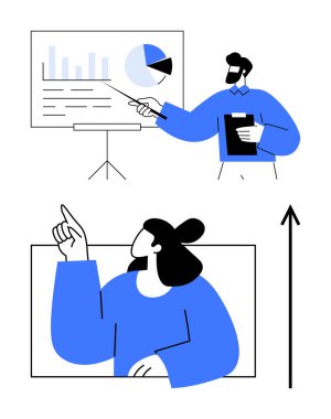 İki figür çizelge ve grafiklerle bir sunum tahtası üzerinde birleşiyor. Kendine güvenen tavırlar, iş iletişimi, veri analizi, takım çalışması, liderlik, seyirci etkileşimi, problem çözme. Çizgi