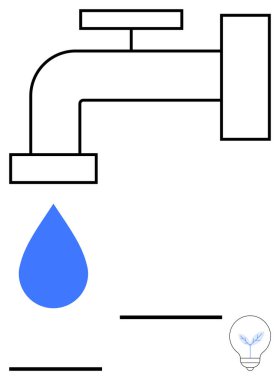 Siyah musluk tek bir mavi damla salıyor, alttaki küçük ampul. Suyun korunması, sürdürülebilirlik, enerji verimliliği, yenilik, çevre dostu çözümler, farkındalık kampanyaları, soyut