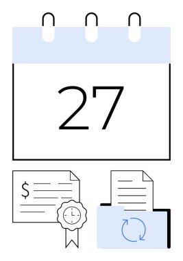 27 tarihli takvim sayfası, mühürlü mali belge, dosya dizininde dönen oklar ve belge. Zamanlama, finans, sertifika, yenileme, uyum belgesi yönetim zamanlaması için ideal