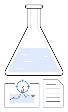 Sıvı matara, işaret işaretli analiz çizelgesi ve veri toplama, analiz ve raporlamayı sembolize eden kağıt. Bilim, laboratuvar çalışmaları, deneyler, veri araştırma yenilik eğitimi için ideal