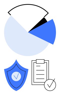 Veri dağılımını gösteren pasta şeması, güvenliği temsil eden kalkan ve doğrulamayı sembolize eden kontrol listesi. Veri görselleştirme, siber güvenlik, uyum, analitik, istatistik için ideal