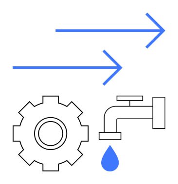 Su damlacıklarıyla dolu dişli ve musluk akış ve işlemleri sembolize eden oklarla eşleştirilmiş. Süreçler için ideal, verimlilik, sürdürülebilirlik, mühendislik, su sistemleri, yenilik, soyut çizgi düz