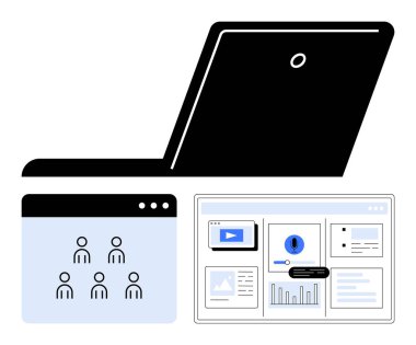 Çevrimiçi takım çalışmasını, grup işbirliğini, multimedya araçlarını, veri analizini ve güvenlik alarmlarını gösteren arayüzlerin yanında dizüstü bilgisayar. Teknolojik çözümler, uzaktan çalışma, veri koruması, üretkenlik için ideal