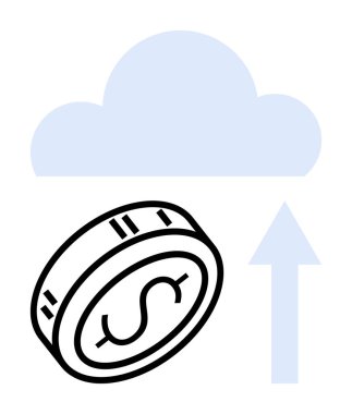 Üzerinde dolar sembolü olan bozuk para yukarı doğru eğilip buluta yol açıyor. Fintech, Tasarruf, Büyüme, Yatırım, Ekonomi, Bulut Hesaplama, Analiz için ideal. Satır metaforu