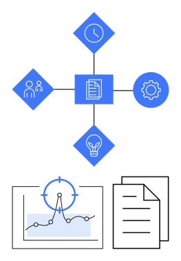 Saat, dişli, belge, grafik, hedef, ekip ve ampul bir akış şemasına bağlı. Çalışma akışı, üretkenlik, planlama takım çalışması yenilik veri analizi için ideal soyut çizgi düz metaforu