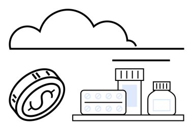 Rafta bulut, ilaç şişeleri ve haplarla dolu, büyük paraların yanında. Sağlık teknolojisi, online eczane, tıbbi depolama, maliyet verimliliği, e-ticaret, teletıp, sağlık için ideal