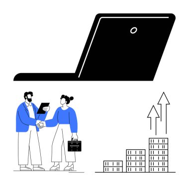 Dizüstü bilgisayar, iki profesyonel belge, tokalaşma ve yükselen bar tablosu. Takım çalışması, iş büyümesi, ortaklıklar, teknoloji liderliği şirketlerin ilerlemesi için idealdir. Soyut çizgi