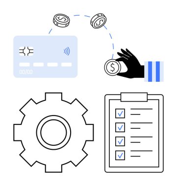 Para varlıklar arasında hareket ettikçe kredi kartı dijital ödemeleri mümkün kılar. Vites otomasyonu sembolize eder, kontrol listesi de görevi tamamlamayı. Finans, iş akışı, e-ticaret, fintech, verimlilik için ideal
