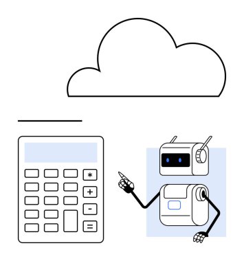 Bulut hesap makinesi ve robot. Teknoloji, bulut hesaplama, yapay zeka, robot bilimi, dijital araçlar, eğitim, veri analizi için ideal. Satır metaforu