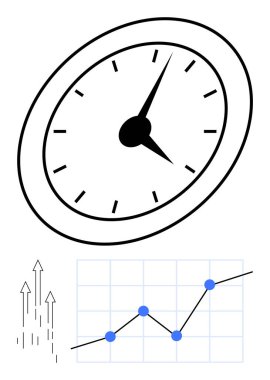 Zamana odaklanan saat, yukarı bakan büyüme okları ve veri gösteren bir çizgi grafiği. Üretkenlik, hedef belirleme, verimlilik, büyüme izleme, ilerleme, soyut çizgi planlama için ideal