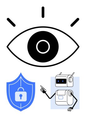 Kirpikli göz, güvenlik kalkanı, asma kilit ve robot. Teknoloji, siber güvenlik, yapay zeka, gizlilik, internet güvenliği, izleme ve robot teknolojisi için ideal. Satır metaforu