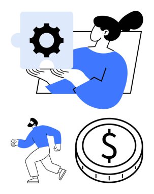 Çözümler için yapboz parçası olan kadın, ilerleme için koşan adam, finansal başarı için para. Sorun çözme, takım çalışması, iş stratejisi, kariyer büyümesi, yenilik, soyut hedefler