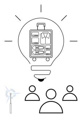 Organize bavul ampulün içinde yaratıcılığı, takım yeniliklerini, sürdürülebilir seyahat fikirlerini ve planlamayı sembolize ediyor. Takım çalışması için ideal, sürdürülebilirlik kavramları, organizasyon, seyahat planları, yenilenebilir kaynaklar