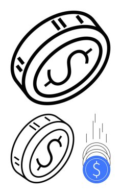 Havadaki büyük dolar işaretli madeni para bir yığın mavi madeni paraya konmak üzere. Finans konuları, bankacılık, yatırım, tasarruf, ekonomi, bütçe, dijital para birimi için ideal. Satır metaforu