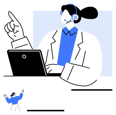 Kulaklık takmış biri laptopta çalışıyor ve yönlendirmeyi vurguluyor. Müşteri hizmetleri, teknik destek, webinarlar, uzaktan yardım, çevrimiçi öğrenme, iletişim, soyut çizgi düz metaforu için ideal