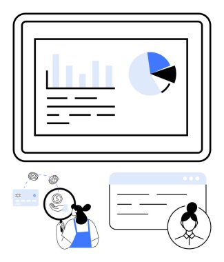 Rakamlarla pasta ve bar grafiklerini gösteren tablet, para akışını analiz eden kişi, web içeriğiyle etkileşim. Finansal analiz, takım çalışması, veri yorumlaması ve çevrimiçi işbirliği için ideal