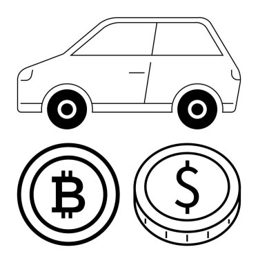 Finansal işlemleri, kripto para birikimini, tasarrufu, ticareti, masrafları, ulaşım masraflarını ve dijital finansı simgeleyen Bitcoin ve dolar paralarıyla birlikte araba. Fintech ve ticari otomobil kredileri için ideal