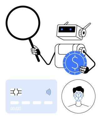 Büyüteci olan robot ödeme güvenliğini, dijital parayı inceliyor ve kredi kartı faktörüyle tanınıyor. Yapay zeka, fintech, biyometrik teknoloji, siber güvenlik, finans, dijital ödeme soyut