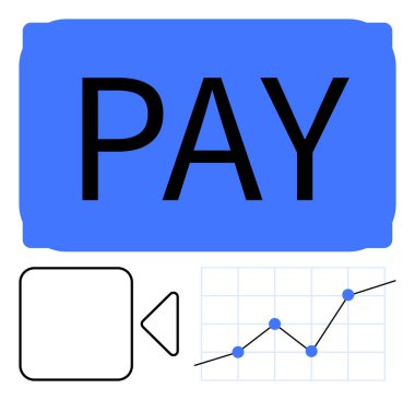 Mavi Ödeme tuşu, yükselen nokta noktaları, video kamera simgesi. Ödeme sistemleri, fintech, pazar eğilimleri, analitik, dijital araçlar, e-ticaret soyut çizgisi düz metaforu için ideal