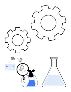 Finansal elementleri büyüteçle analiz eden bir araştırmacı. Dişliler ve laboratuvar mataralarıyla çevrili. Bilim, teknoloji, finans, araştırma, yenilik, makine endüstrisi için idealdir. Soyut
