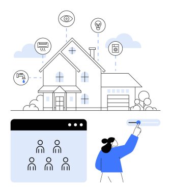 IoT aygıtlarına bağlı ev dokunmatik ekran arayüzü kullanan bir insanla kamera, ışıklandırma ve cihazları onaylıyor. Akıllı evler, IoT, otomasyon, enerji yönetimi, kullanıcı arayüzleri için ideal