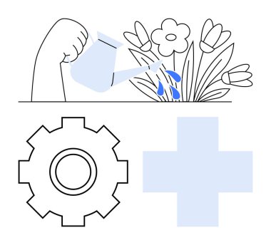 Çiçekleri besleyen kollar, mavi su damlacıkları, soyut teçhizatlar ve aşağıdaki çapraz şekiller. Büyüme, sağlık, kendine bakım, üretkenlik, takım çalışması sürdürülebilirlik için ideal. Soyut çizgi