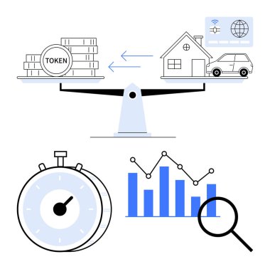 Akışı, kronometreyi, bar çizelgesini ve büyüteçleri gösteren oklar. Finans, yatırım, ticaret, analiz zaman dengesi için ideal