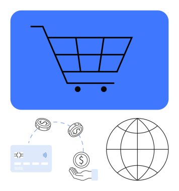 Üzerinde ödeme kartı, bozuk para, el ve küre bulunan mavi arka planda alışveriş arabası. E-ticaret, çevrimiçi alışveriş, küresel ticaret, işlemler, dijital ödemeler perakende İnternet ticareti için ideal
