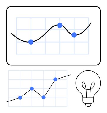 Line graphs with data points and trendlines next to a light bulb, symbolizing analytics, innovation, and growth. Ideal for business, startups, strategy, ideas, education research abstract line flat clipart