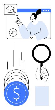 Kadın online eğitim platformunu işaret ediyor, birikimleri temsil eden madeni paralar düşüyor, büyüteçle el ele tutuşuyor. Eğitim, finans, analiz, uzaktan öğrenme, web, v08inars, sanal olaylar için ideal