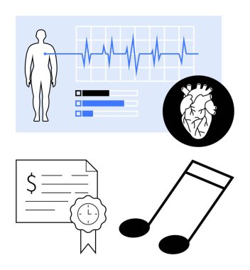 Kalp atışı grafiği ve veri tablosu, anatomik kalp, mühürlü finansal belge ve nota. Sağlık, kardiyoloji, veri analizi, dosya doğrulama ve müziği finanse etmek için ideal
