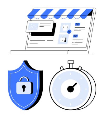 Satış etiketli dizüstü bilgisayar mağazası, kilitli güvenlik kalkanı ve siber güvenlik, gizlilik ve hız aktarımı yapan kronometre. Çevrimiçi alışveriş, teknoloji, e-ticaret, özel güvenlik teslimatı için ideal