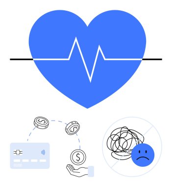 Kalp atışı çizgisi olan mavi kalp, bozuk paralarla kredi kartı dolar işaretiyle el, karmaşık çizgilerin altında yüz. Sağlık, finans, stres yönetimi, sağlık, tıbbi sağlık yaşam tarzı için ideal