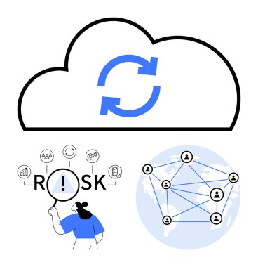 Senkronize ikona sahip bulut, risk kavramının üzerinde büyüteç ve dünyadaki birbirine bağlı düğümler. Veri güvenliği, depolama, teknoloji planlaması, küresel işbirliği, risk yönetimi, yenilik için ideal