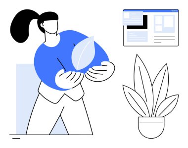 Elinde bir yaprak tutan, sürdürülebilirliği gösteren bir bilgisayar ekranı ve yakınındaki bir ot bitkisi. Çevre koruma, teknoloji entegrasyonu, ekolojik bilinçli işletmeler ve modern konular için ideal