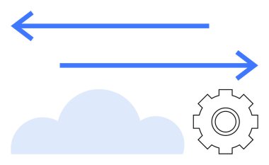 Mavi çift yönlü oklar, açık mavi bulut ve veri alışverişini, bulut teknolojisini ve sistem otomasyonunu sembolize eden siyah çizgili ekipman. Yazılım, teknik çözümler, bilişim süreçleri ve veri akışı için ideal