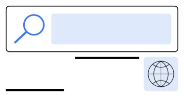 Büyüteç, arama çubuğu ve internet arama, navigasyon ve keşfi sembolize eden dünya ikonu. Web tasarımı, teknik araçlar, araştırma, tarama dijital navigasyon SEO ve soyut satır için ideal
