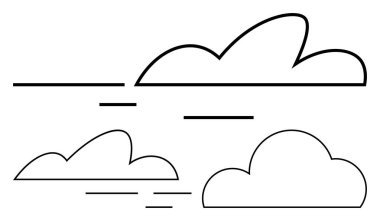 Yatay çizgileri olan üç minimalist bulut. Hava durumu ikonları, dijital grafikler, çocuk kitapları, eğitim materyalleri, web siteleri, bilgi grafikleri, markalaşma için ideal. Satır metaforu
