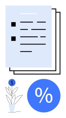 Çek kutulu mali belgeler, yüzde işareti ve mali büyümeyi temsil eden dolar işareti olan bir bitki. Finans, yatırım, muhasebe, tasarruf, ekonomi ve iş planlaması için ideal