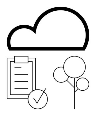 Listede işaretli ve ağaç çizgili bulutlar var. Yeşil girişimler, görev yönetimi, ekoloji, sürdürülebilirlik, planlama, dijital depolama, soyut düz metafor için ideal