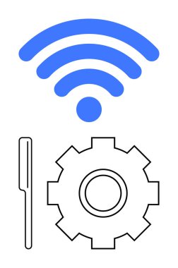 Basit teçhizat ve siyah hatlı tornavida üzerinden mavi kablosuz sinyal. Teknoloji, ağlar, araçlar, bakım, optimizasyon, mühendislik ve yenilik için ideal. Soyut çizgi düz metafor