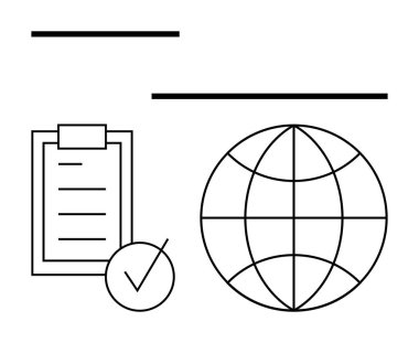 Küresel görevleri, onaylanmayı ve organizasyonu sembolize eden kontrol listesi ve işaretli pano. Proje yönetimi, küreselleşme, planlama, verimlilik, başarı takım çalışması için ideal