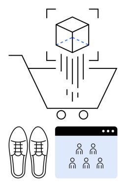 3 boyutlu ürün taraması, ayakkabılar ve kullanıcı arayüzü pencere ipuçları içeren alışveriş arabası e-ticaret, ürün seçimi ve kullanıcı bağlantısı. Çevrimiçi perakende satış, UI, yenilik ve dijital deneyimler için ideal