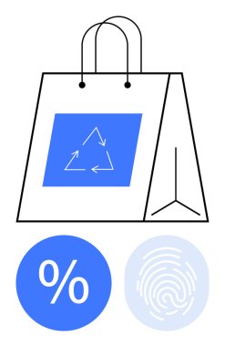 Alışveriş poşetinde geri dönüşüm sembolü var. Çevre dostu olduğunu gösteriyor. Çember simgeleri indirim yüzdesi ve biyometrik parmak izi gösteriyor. Alışveriş, ekoloji, sürdürülebilirlik, promosyonlar için ideal