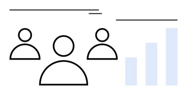 Bir büyüme çubuğu grafiğinin yanında üç soyut insan simgesi, takım çalışmasını, ilerlemeyi ve analitiği sembolize ediyor. İş büyümesi, takım çalışması, veri analizi, başarı, liderlik istatistikleri için ideal