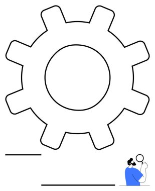 Üzerinde büyüteç kullanan küçük bir adam olan büyük boy ekipmanlar. Yenilik, mekanik, takım çalışması, mühendislik, araştırma, üretkenlik, sistem analizi için ideal. Soyut çizgi düz metafor