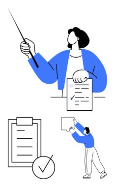 Kadın işaretleyici ile listeyi ön plana çıkarıyor, işaretli bir kağıt tutuyor ve bir kişi büyük bir listedeki bir görevi işaretliyor. Üretim, organizasyon, planlama, görev yönetimi, iş akışı için ideal