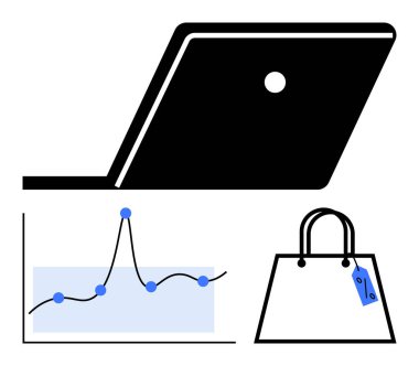 Dizüstü bilgisayar etiketli ve çizgili analitik alışveriş çantasına odaklanıyor. E-ticaret, iş büyümesi, pazarlama, veri analizi, online alışveriş, teknoloji, dijital pazarlama için ideal. Satır metaforu