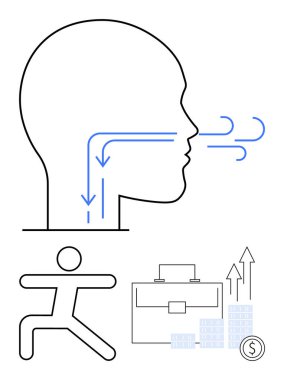 Nefes almayı, koşan figürü, evrak çantasını ve büyüyen grafikleri gösteren oklarla insan kafası ana hatları başarıyı simgeler. Sağlık, egzersiz, iş hayatı dengesi, üretkenlik ve finansman büyümesi için ideal